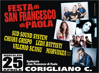 A Corigliano, per la Festa di San Francesco, ritorna lo Studio54Live. Quest'anno 
con Valerio Scanu, Leda Battisti, Sud Sound System, Chiara Grispo, Marvanza Reggae Sound, con Studio54network!!